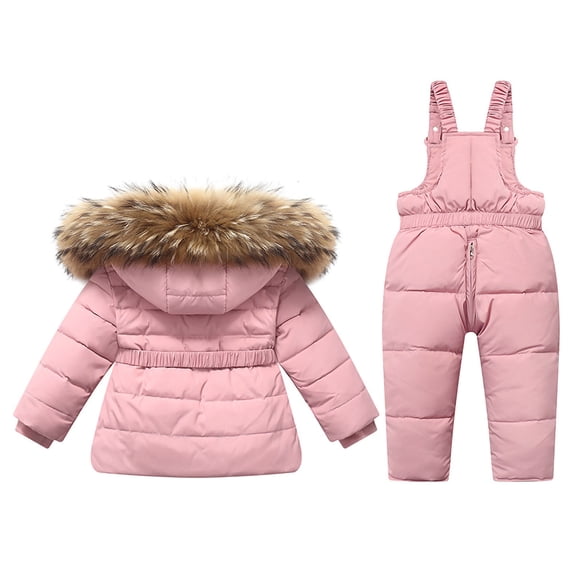 hoksml Girls 2-Piece Ski Set Winter Parka with Faux Fur Hood Snow Bibs Insulated Waist-Defining Jacket Overalls Set