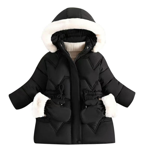 hoksml Girls 3-8 Years Detachable Hood Mittens Parka Long Winter Coat Thick Warm Puffer Jacket with Removable Accessories