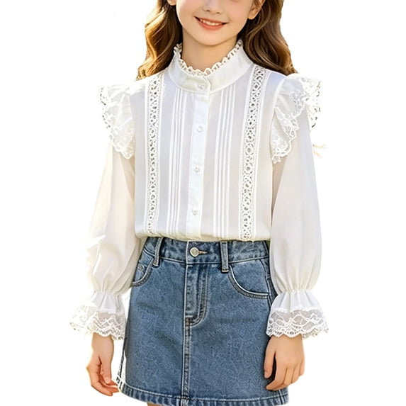 hoksml Girls Back to School Button Down Shirt Solid Long Sleeve Lace Ruffle Blouse Classic Collared School Uniform Tops
