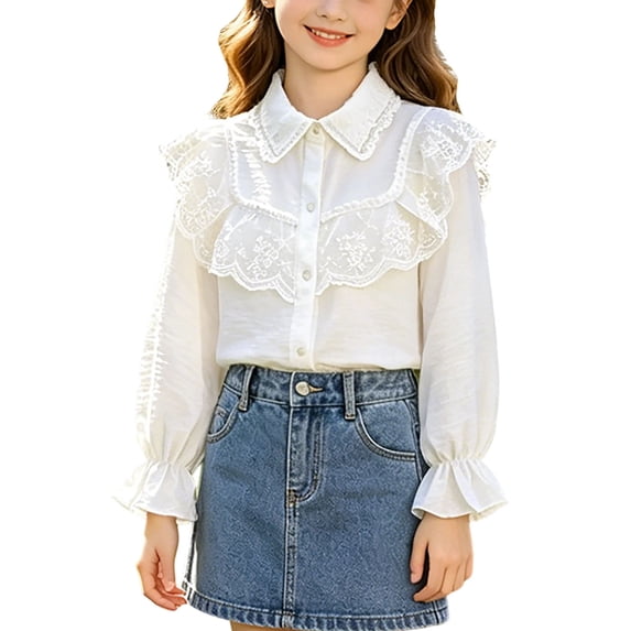 hoksml Girls Back to School Button Down Shirt Solid Long Sleeve Lace Ruffle Blouse Classic Collared School Uniform Tops