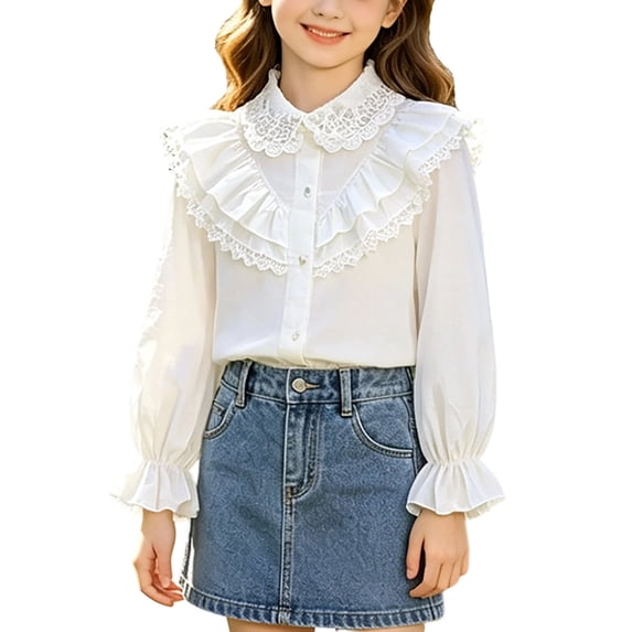 hoksml Girls Back to School Button Down Shirt Solid Long Sleeve Lace Ruffle Blouse Classic Collared School Uniform Tops