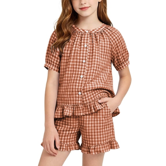 hoksml Girls Button-Front Plaid Top and Ruffle Shorts Casual 2-Piece Outfit Summer Loungewear