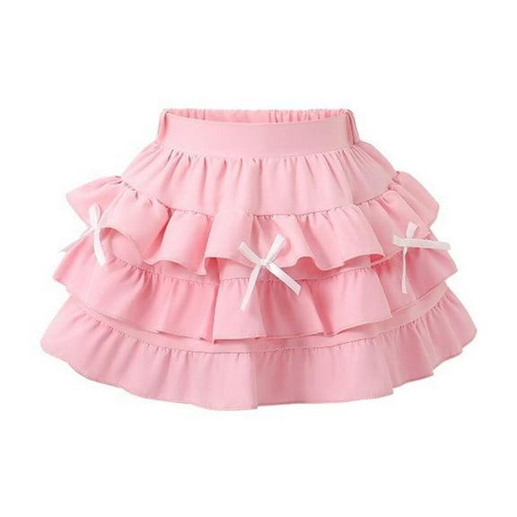 hoksml Girls Cake Puff Skirt Solid Color Elastic Waist Ruffles Bow Pleated Skorts Casual Half Versatile Skirt with Lined Shorts