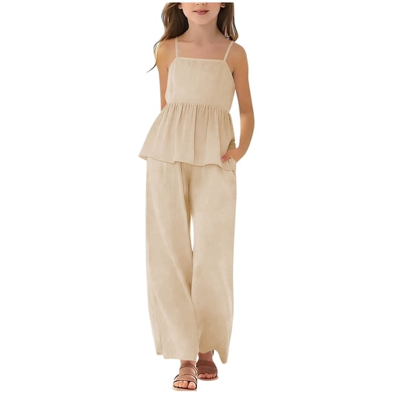 hoksml Girls' Cami Top and Wide Leg Pants Set, Square Neck Ruffle Hem Spaghetti Strap Top and Elastic Waist Pants with Pockets, Kids' Summer Casual Outfit