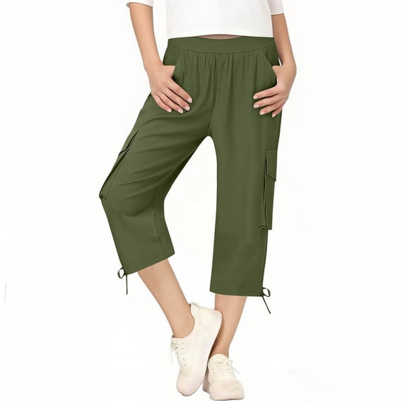 hoksml Girls' Cargo Capri Pants Elastic Waist Stretch Fabric with Pockets and Drawstring Hem Multi Color Casual Trousers