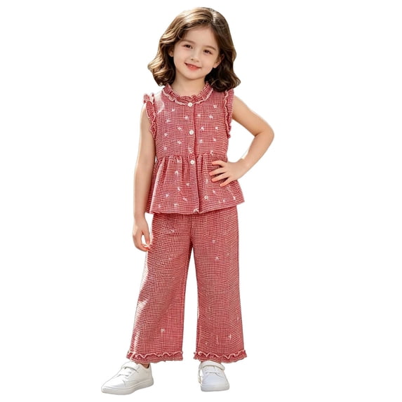 hoksml Girls Checkered 2-Piece Outfit Sleeveless Ruffle Top and Wide Leg Pants Set with Bow Embroidery