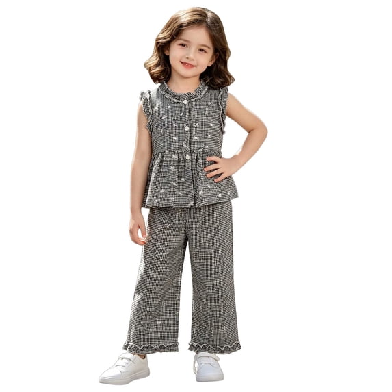 hoksml Girls Checkered 2-Piece Outfit Sleeveless Ruffle Top and Wide Leg Pants Set with Bow Embroidery