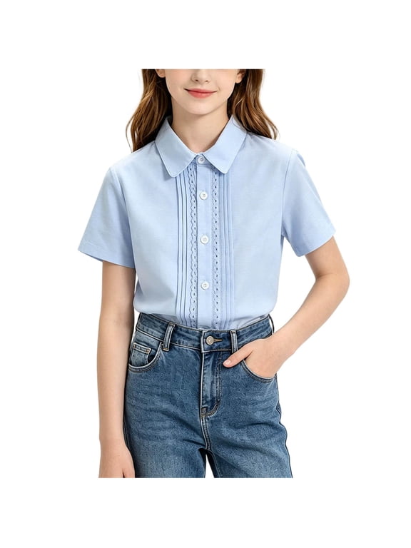 Girls Collared Blouse, 19 Styles Available with Long or Short Sleeves for Back to School Daily Outfits, Soft Cotton in a Range of Colors