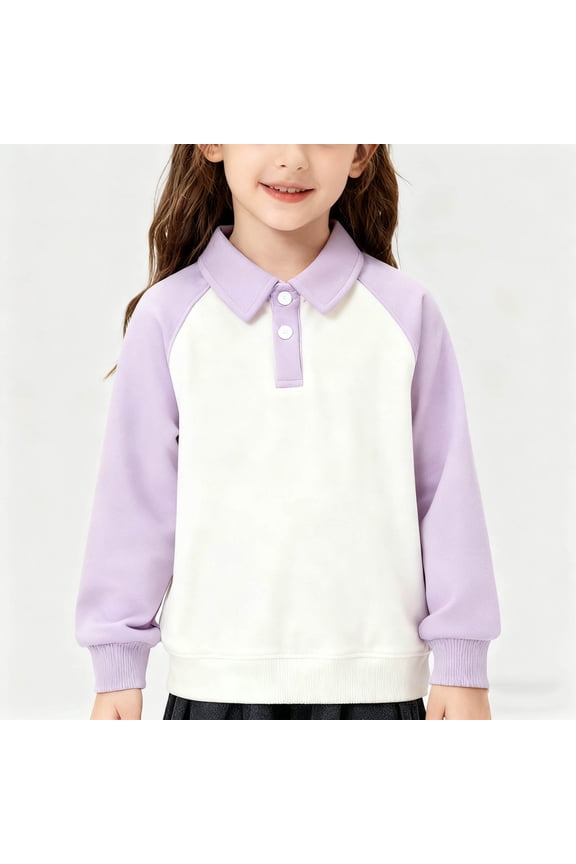 Girls Contrast Raglan Sleeve Collared Shirt Casual Long Sleeve Top for School and Everyday Wear