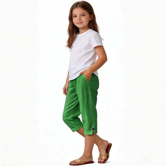 hoksml Girls Cotton Linen-Look Capri Pants, Kids Elastic Waist Casual Pants with Pockets