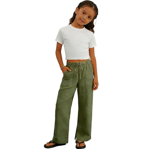 hoksml Girls Cotton Linen Wide Leg Pants, Kids Drawstring Elastic Waist Pants with Pockets, Casual Split Hem Pants