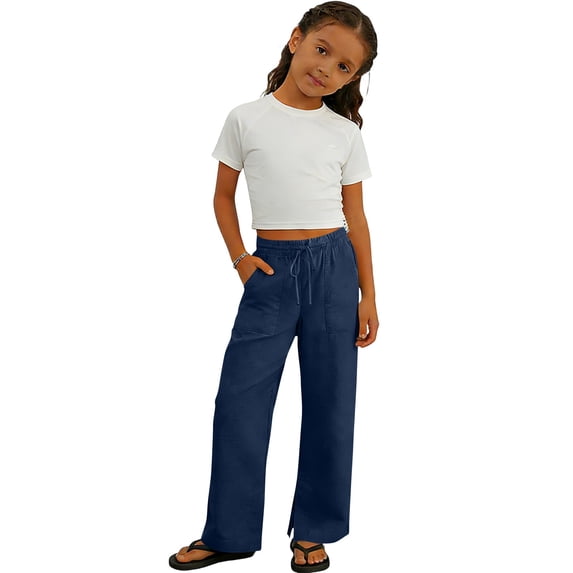 hoksml Girls Cotton Linen Wide Leg Pants, Kids Drawstring Elastic Waist Pants with Pockets, Casual Split Hem Pants