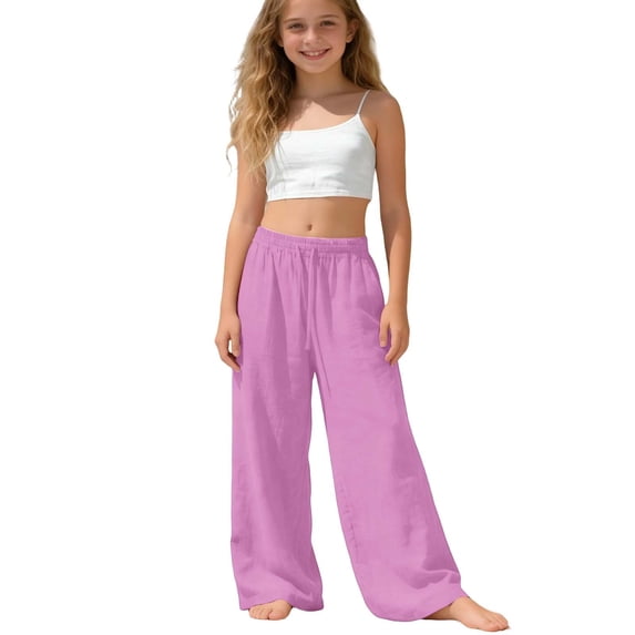 hoksml Girls Cotton Wide Leg Pants, Back to School Elastic Waist Drawstring Casual Trousers with Pockets