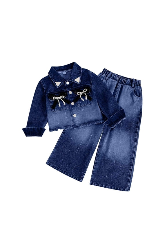 Girls' Denim 2-Piece Outfit Ombre Collared Button Jacket and Elastic Waist Wide-Leg Jeans with Pockets and Bow, Fashion Tween Set