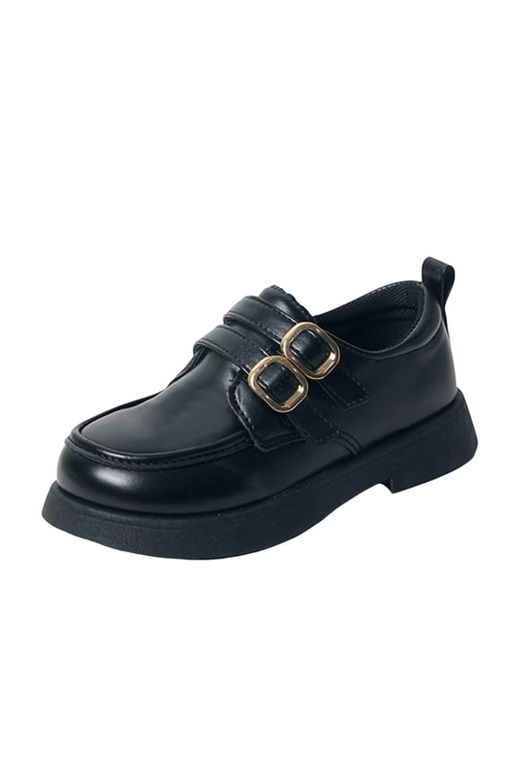Girls Double Buckle Monk Strap Loafers, Comfortable Chunky Sole Leather School Uniform Shoes for Kids Daily Wear