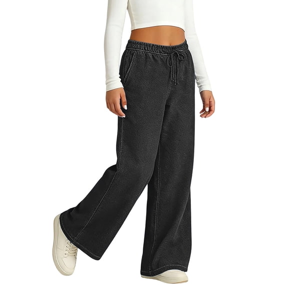 hoksml Girls Faux Denim Wide Leg Pants Drawstring Elastic Waist Casual Summer Trousers with Pockets