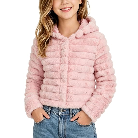 hoksml Girls' Hooded Jacket Button Front Long Sleeve Solid Color Warm Winter Coat