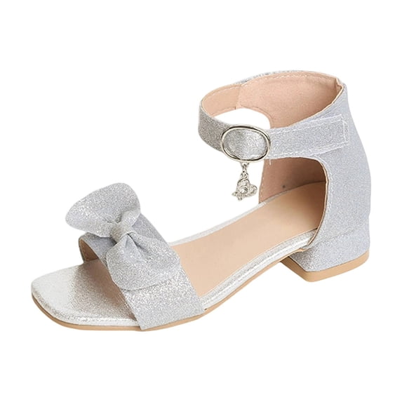 hoksml Girls Glitter Block Heel Sandals with Bow, Adjustable Buckle Strap with Rhinestone Pendant for Wedding, Pageant and Party Wear