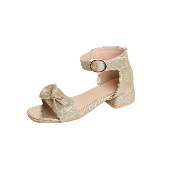 hoksml Girls Glitter Block Heel Sandals with Bow, Adjustable Buckle Strap with Rhinestone Pendant for Wedding, Pageant and Party Wear