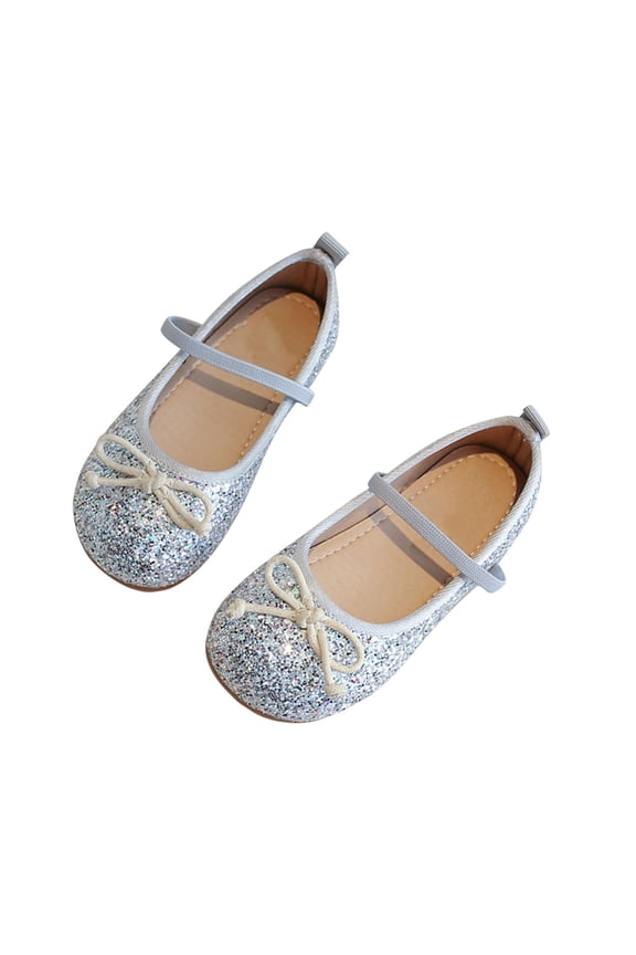 Girls Glitter Bow Mary Jane Flats, Elastic Strap Sparkly Princess Dress Shoes for Wedding and Party Wear