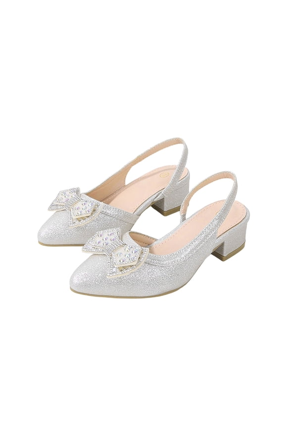 Girls Glitter Rhinestone Bow Slingback Heels, Pointed Toe Low Block Heel Dress Shoes for Wedding, Pageant and Birthday Party Occasions