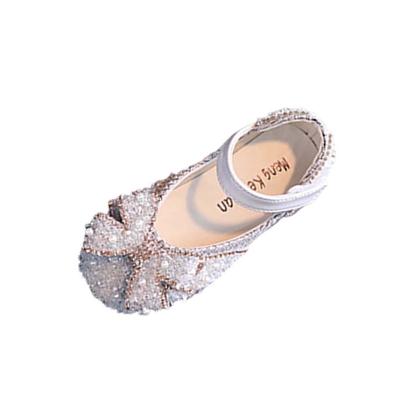 hoksml Girls Glitter Rhinestone Pearl Bow Mary Jane Flats, Adjustable Strap Sparkly Princess Dress Shoes for Wedding and Party Wear