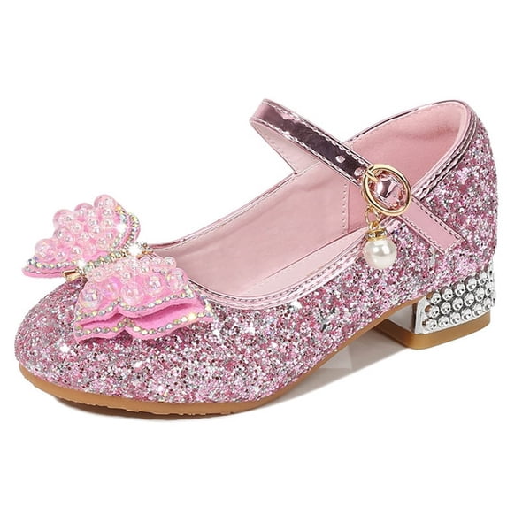 hoksml Girls Glittery Princess Heels with Pearl Ankle Strap and Rhinestone Bow Cute Party Pumps