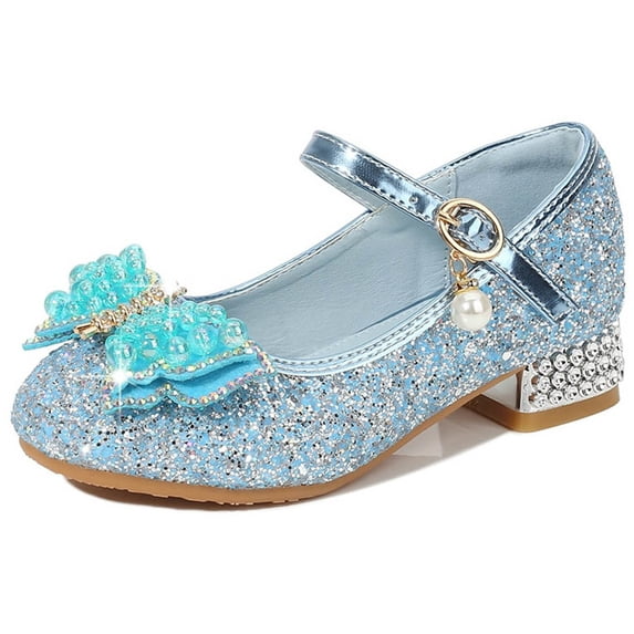 hoksml Girls Glittery Princess Heels with Pearl Ankle Strap and Rhinestone Bow Cute Party Pumps