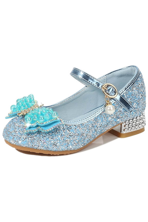 Girls Glittery Princess Heels with Pearl Ankle Strap and Rhinestone Bow Cute Party Pumps
