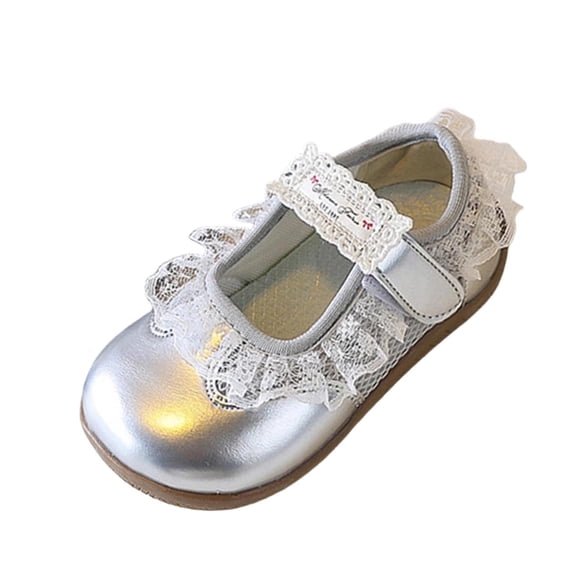 hoksml Girls Lace Ruffle Trim Mary Jane Flats with Adjustable Strap, Cute Metallic Dress Shoes for Kids Party and Special Occasions