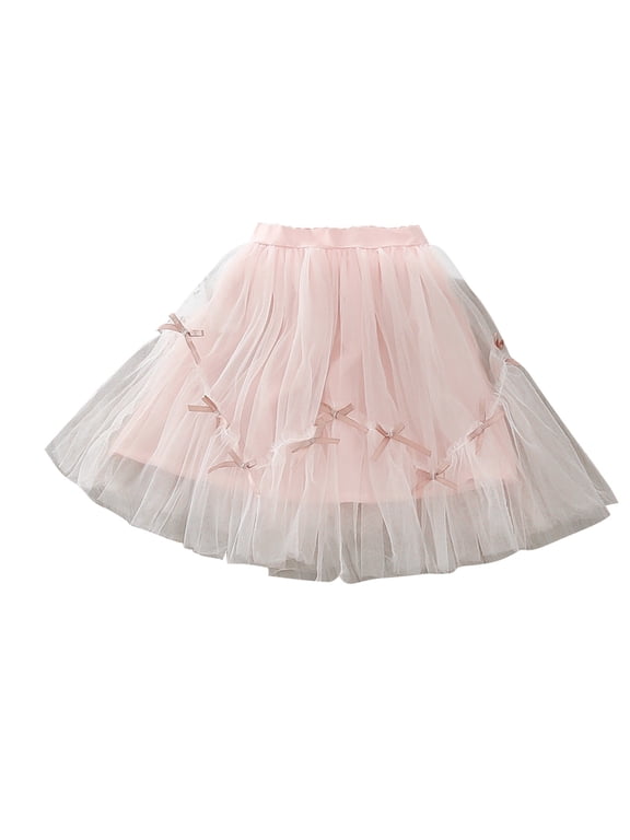 Girls Mesh Puff Skirt Solid Bow Elastic Waist Pleated Flowing Dance Ballet Skorts with Lined
