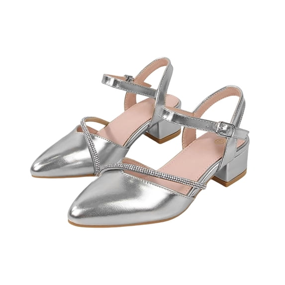 hoksml Girls Metallic Block Heel Sandals with Rhinestone Strap, Adjustable Buckle Low Heel Dress Shoes for Wedding Party and Special Occasions