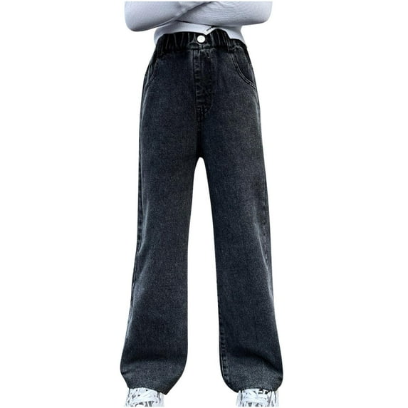 hoksml Girls Mid-Rise Denim Pants - Decorative Button Accent with Relaxed Straight Leg Jeans Pockets 8-16 Years