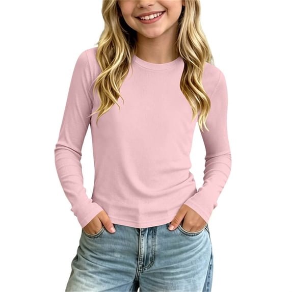 hoksml Girls Modal Cotton Blend Long Sleeve T-Shirt, Crew Neck Ribbed Knit Tee, Casual Basic Tees Shirt for Back to School