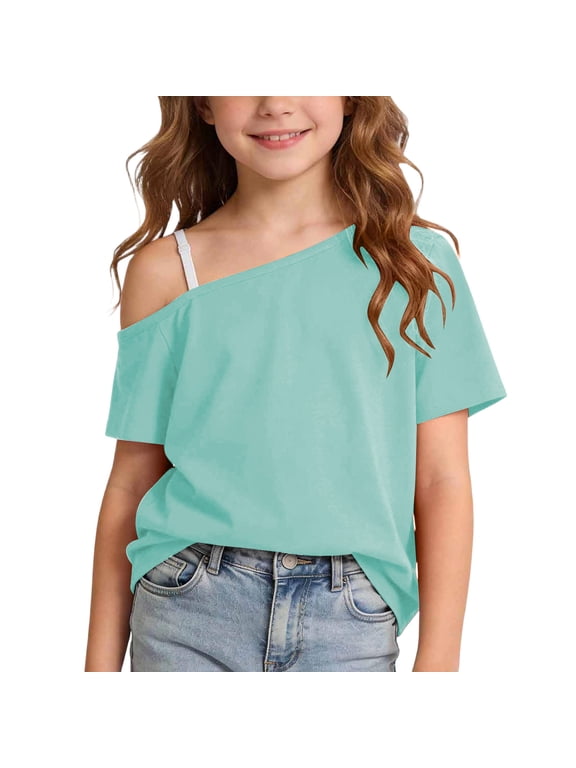 Girls One Shoulder T-Shirt, Short Sleeve Casual Top, Kids Off Shoulder Tee for Back to School