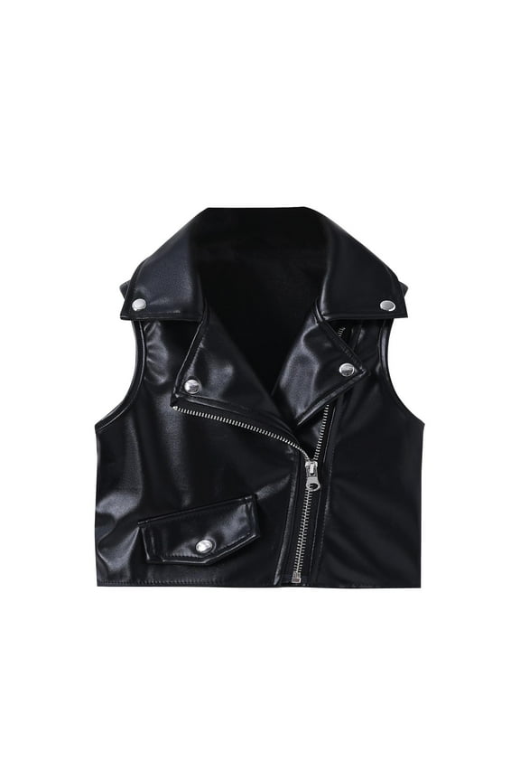 Girls PU Leather Vest 1-10 Years British Style Sleeveless Jacket with Rivets Notch Lapel Zip Up Waistcoat