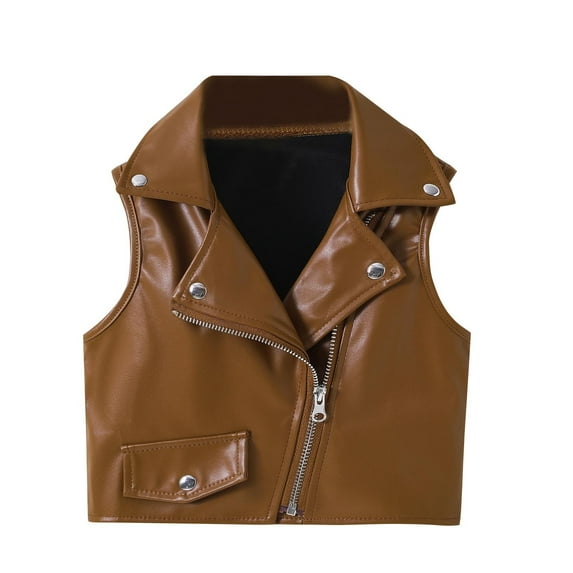 hoksml Girls PU Leather Vest 1-10 Years British Style Sleeveless Jacket with Rivets Notch Lapel Zip Up Waistcoat