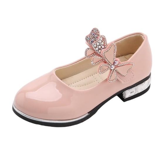 hoksml Girls Patent Leather Mary Jane Heels with Rhinestone Bow Toddler Little Kid Dress Shoes