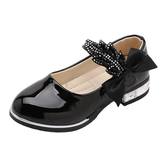 hoksml Girls Patent Leather Mary Jane Heels with Rhinestone Bow Toddler Little Kid Dress Shoes