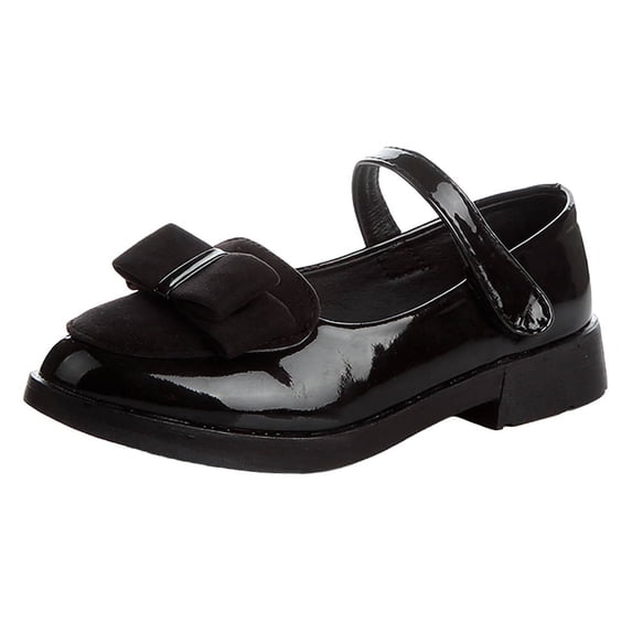 hoksml Girls Patent Leather Mary Jane Heels with Velvet Bow Toddler Little Kid Dress Shoes