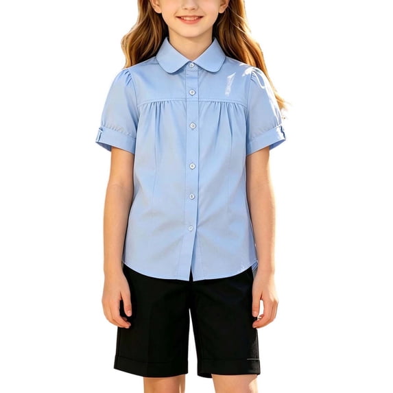 hoksml Girls Peter Pan Collar Button-Down Shirt, Kids Short Sleeve Back to School Uniform Blouse