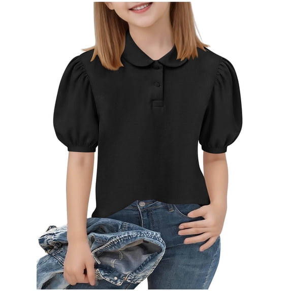 hoksml Girls Peter Pan Collar Puff Sleeve Shirt, Kids Casual Back to School Solid Color Blouse