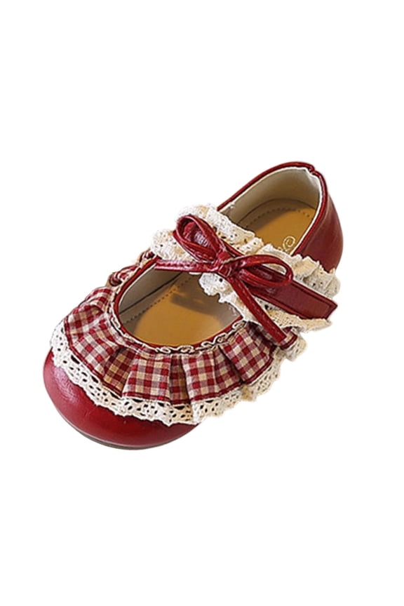 Girls Plaid Ruffle Lace Trim Mary Jane Flats with Bow Decor, Cute Lolita Style Dress Shoes for Kids Party and Special Occasions