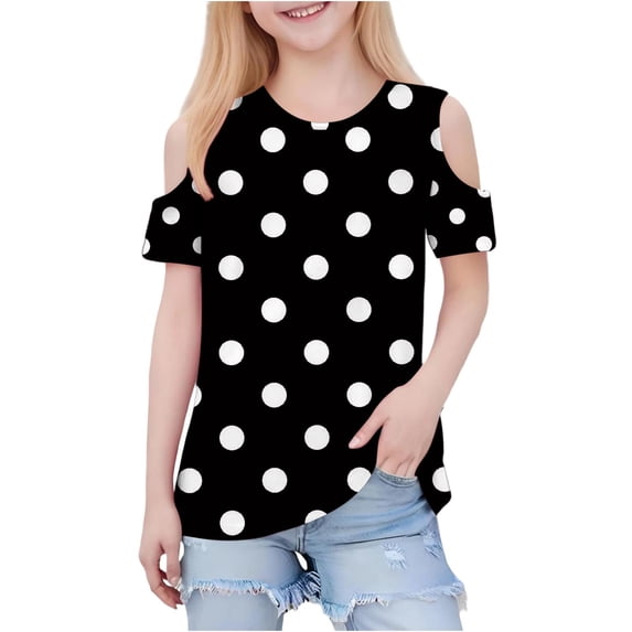 hoksml Girls' Polka Dot Cold Shoulder Short Sleeve Tops Casual Summer T-Shirts Multi Color Options for Daily and Party Wear