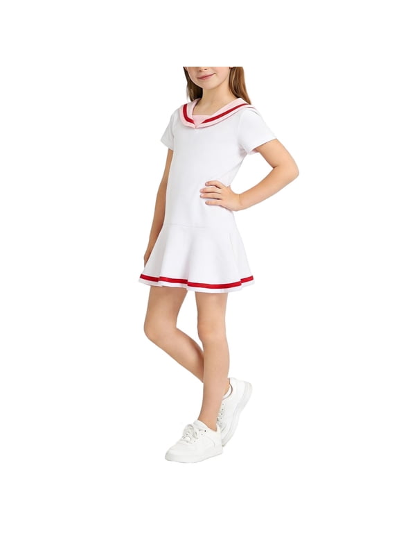 Girls' Preppy Athletic Dress, Sailor Collar with Ruffled Hem and Red White Trim for PE Class and Casual Play