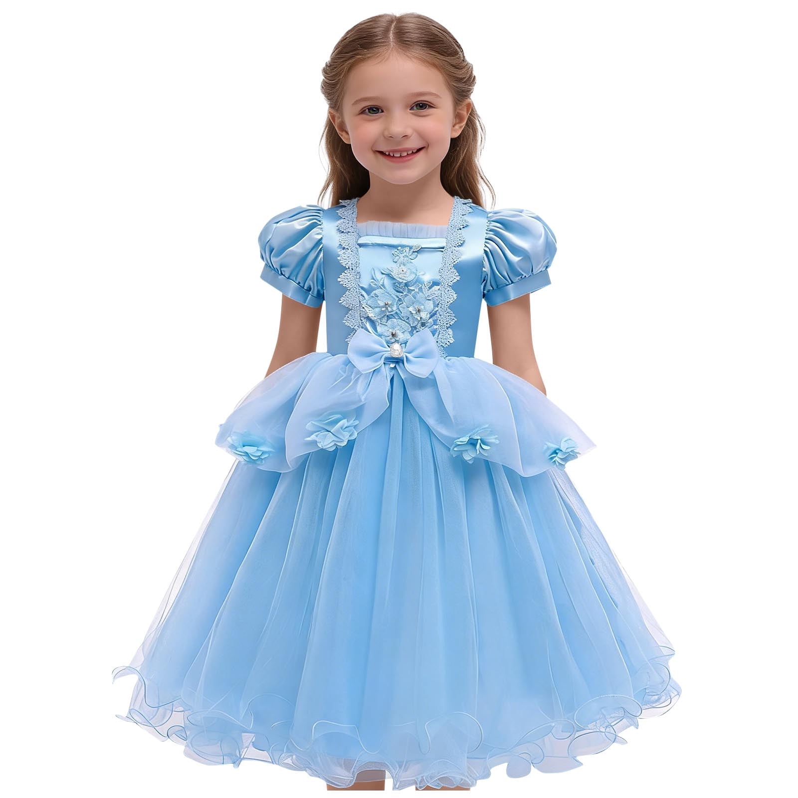 hoksml Girls' Princess Dress, Puff Sleeve Lace Applique Tulle Ball Gown ...