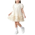 thumbnail image 1 of hoksml Girls Puff Short Sleeve Ruffle Neck Dress, Back to School Outfit for Kids, Breathable Cotton, Soft Tiered Ruffle Hem Dress, 1 of 9