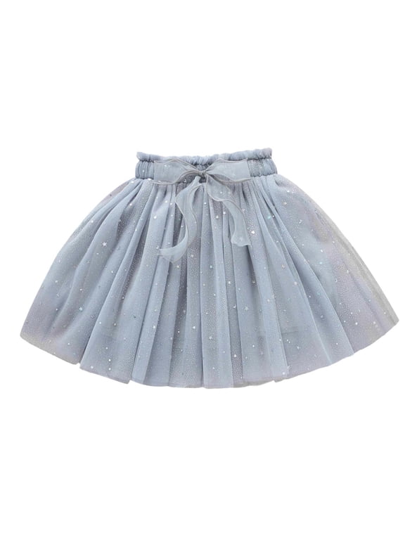 Girls Puffy Mesh Skirt High Waist Bow Stars Printed Pleated Skirts Medium To Large Children Versatile Flowing Dance Skorts