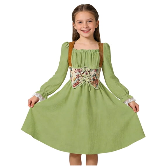 hoksml Girls' Renaissance Style Midi Dress, Square Neck Puff Sleeve Embroidered Corset Dress for Party
