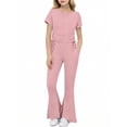 thumbnail image 1 of hoksml Girls Ribbed 2-Piece Outfit Ruched Drawstring Top and Flare Pants Set, Casual Summer Loungewear, 1 of 6